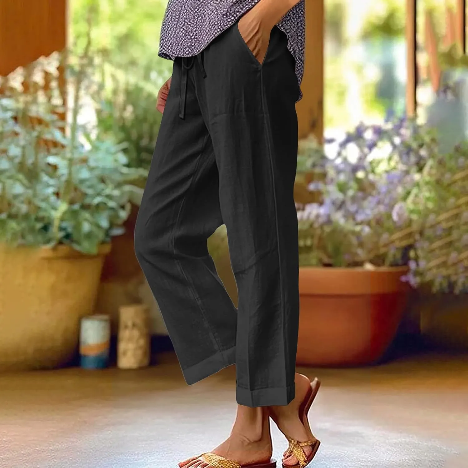 Women's Linen Pants Casual Summer 2025 Straight Wide Leg Pants Loose Drawstring Elastic Waist Lounge Trousers with Pockets