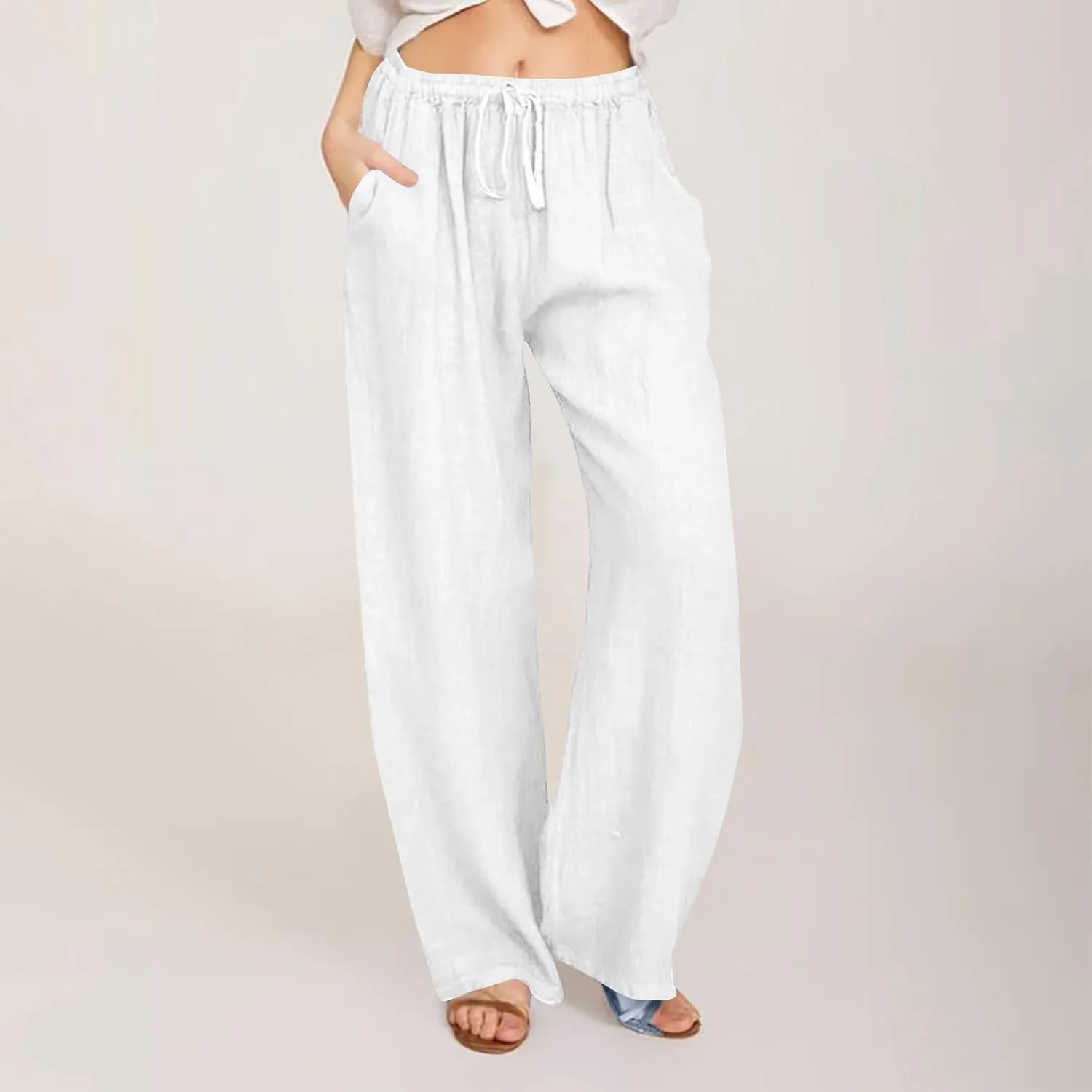 Womens Linen Pants Casual Wide Leg Drawstring Boho Pant High Waisted Summer Beach Trousers Loose Fit Lounge Palazzo