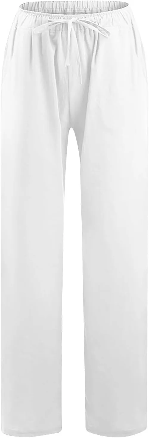 Womens Linen Pants Casual Wide Leg Drawstring Boho Pant High Waisted Summer Beach Trousers Loose Fit Lounge Palazzo