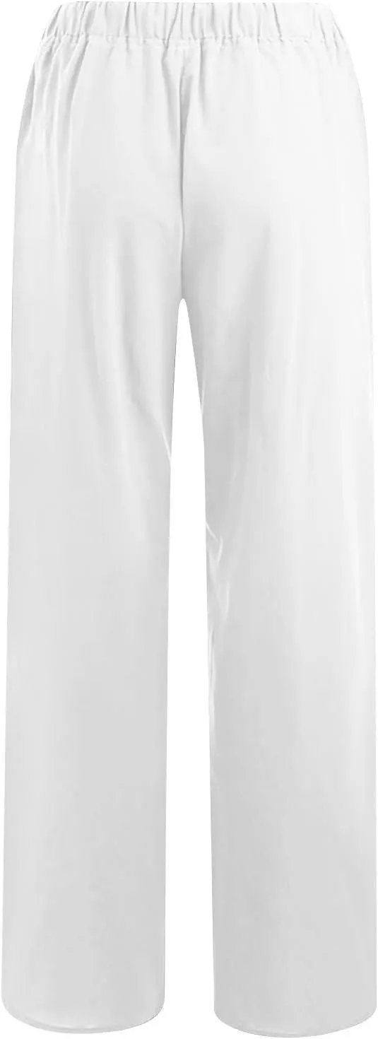 Womens Linen Pants Casual Wide Leg Drawstring Boho Pant High Waisted Summer Beach Trousers Loose Fit Lounge Palazzo