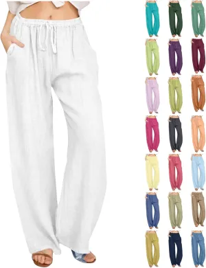Womens Linen Pants Casual Wide Leg Drawstring Boho Pant High Waisted Summer Beach Trousers Loose Fit Lounge Palazzo