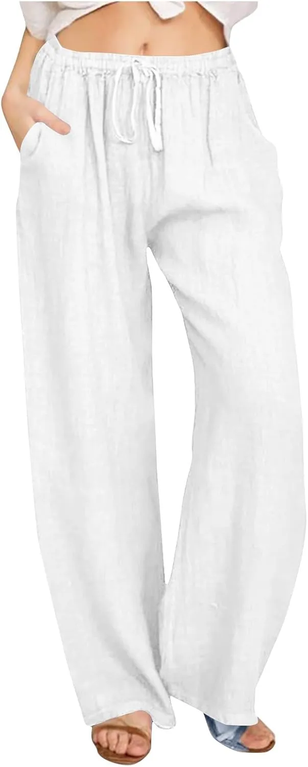 Womens Linen Pants Casual Wide Leg Drawstring Boho Pant High Waisted Summer Beach Trousers Loose Fit Lounge Palazzo