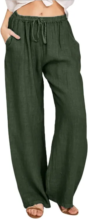 Womens Linen Pants Cotton Petite Wide Leg Palazzo Pants Casual Summer Beach Pants High Waist Trousers Yoga Pants with Pockets