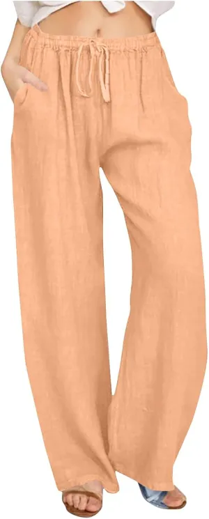 Womens Linen Pants Elastic High Waisted Wide Leg Pants Summer Palazzo Trouser Casual Flowy Drawstring Beach Outfits