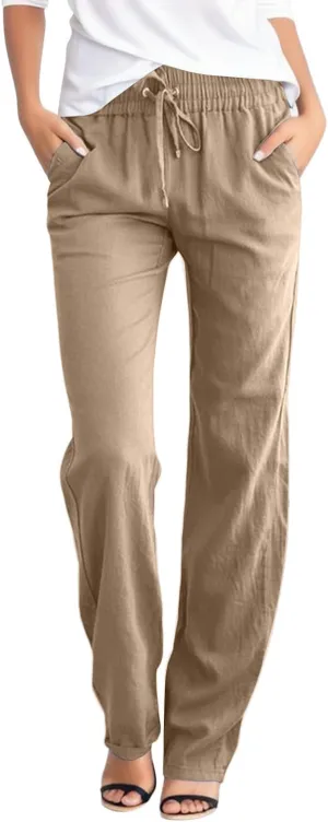 Women's Linen Pants Straight Leg Loose Trousers Drawstring Elastic High Waist Pants Comfy Palazzo Pants 2024, Medium