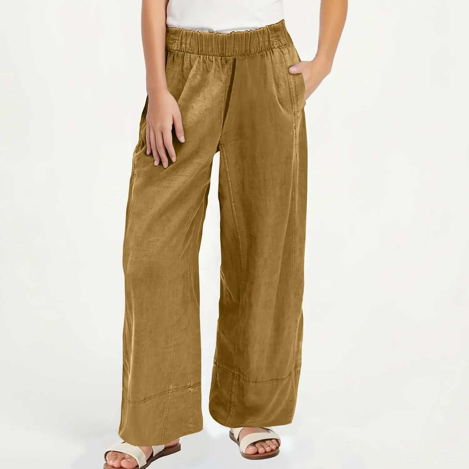 Womens Linen Pants with Pocket Summer High Waist Casual Wide Leg Pants Plus Size Trendy Flowy Palazzo Trousers