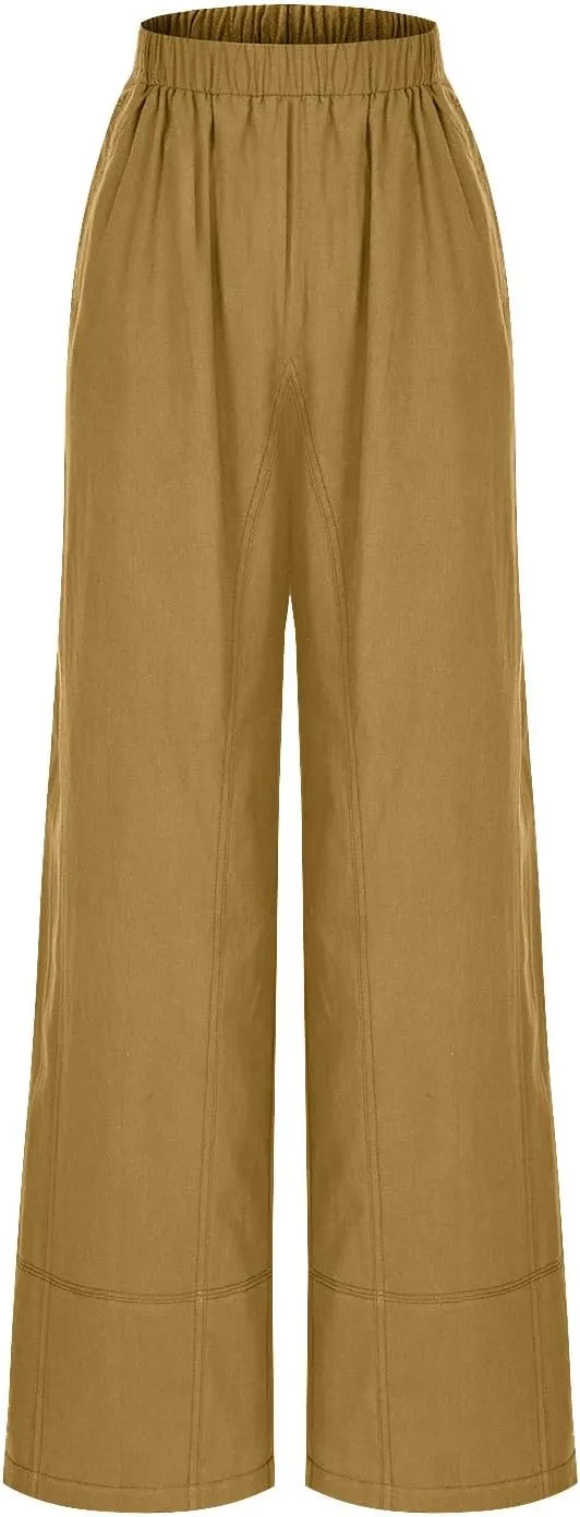 Womens Linen Pants with Pocket Summer High Waist Casual Wide Leg Pants Plus Size Trendy Flowy Palazzo Trousers