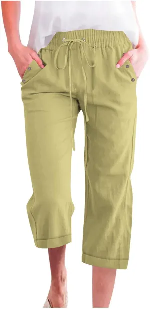 Women's Linen Summer Capris Pants Flowy Wide Leg Beach Pants Casual Cotton Linen Capris Cropped Trousers with Pockets