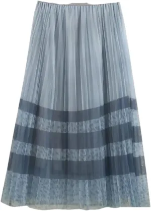 Womens Mesh Printed Pleated Skirts Casual Elastic Waist A-Line High Waist Slim Midi Skirt