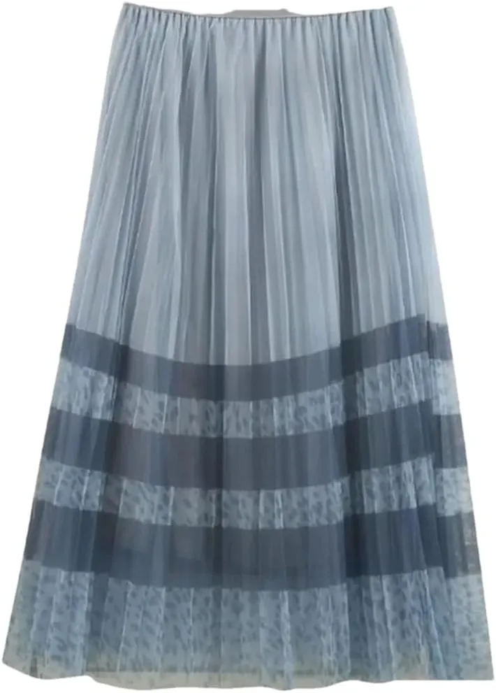 Womens Mesh Printed Pleated Skirts Casual Elastic Waist A-Line High Waist Slim Midi Skirt