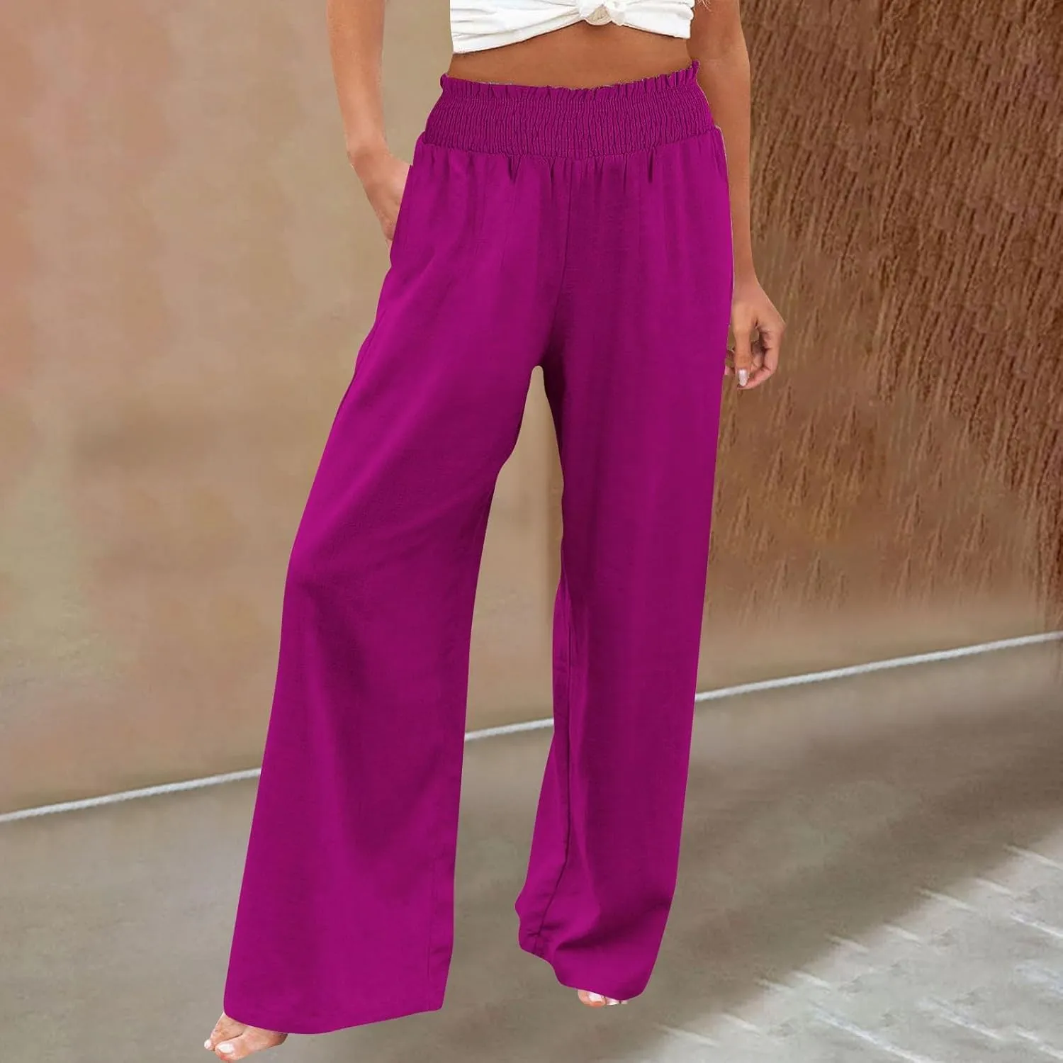 Womens Palazzo Linen Pants Wide Leg Casual Lightweight High Waist Trousers Summer Hawaii Beach Pants Vacation Outfits