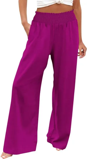 Womens Palazzo Linen Pants Wide Leg Casual Lightweight High Waist Trousers Summer Hawaii Beach Pants Vacation Outfits