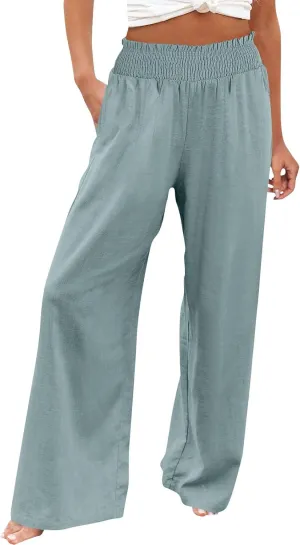 Womens Palazzo Linen Pants Wide Leg Casual Lightweight High Waist Trousers Summer Hawaii Beach Pants Vacation Outfits