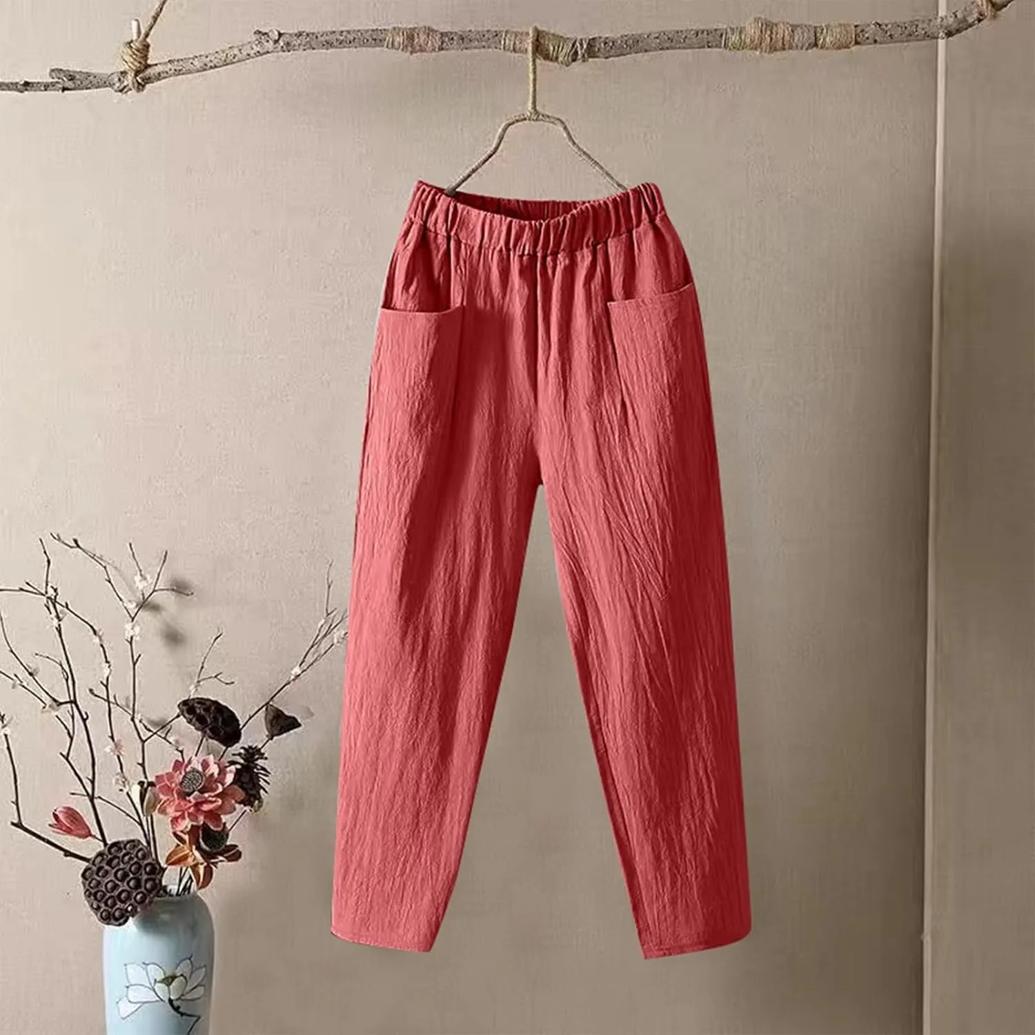Womens Pants, Straight Leg Casual Pants Trendy Peasant Linen Baggy Stripe Lounge