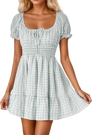 Women's Puff Short Sleeve Plaid Mini Dress Boho Square Neck Ruffle A Line Flowy Dresses 2025 Summer Trendy Outfits