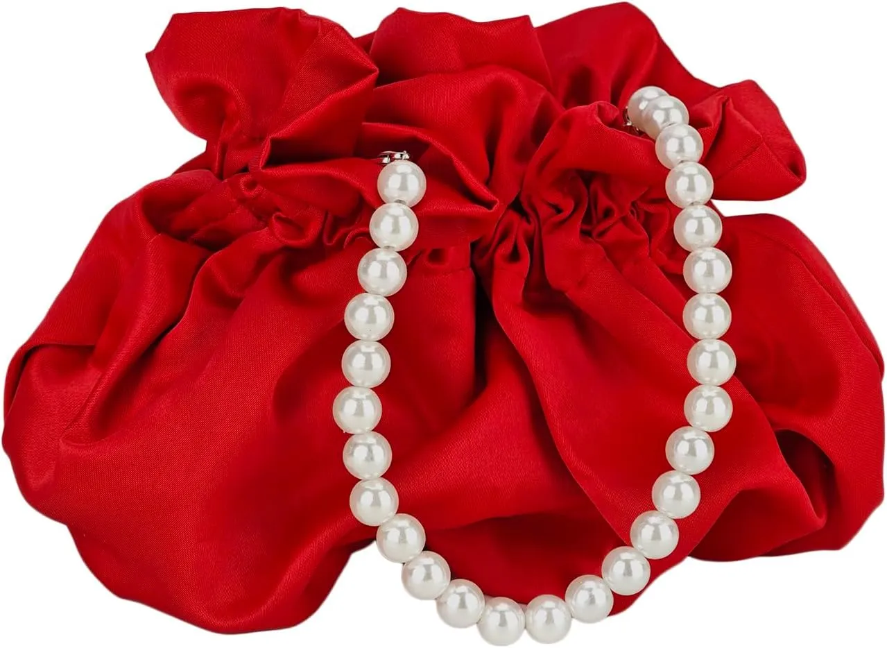 Women's Satin Pearl Handbag Evening Bags Clutch Purse Mini Party Bucket Bag