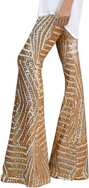 Women's Sequin Flared Pants Sparkly Glitter High Waist Wide Leg Flare Trousers Stretchy Trendy Bell Bottom Night Out Clubwear