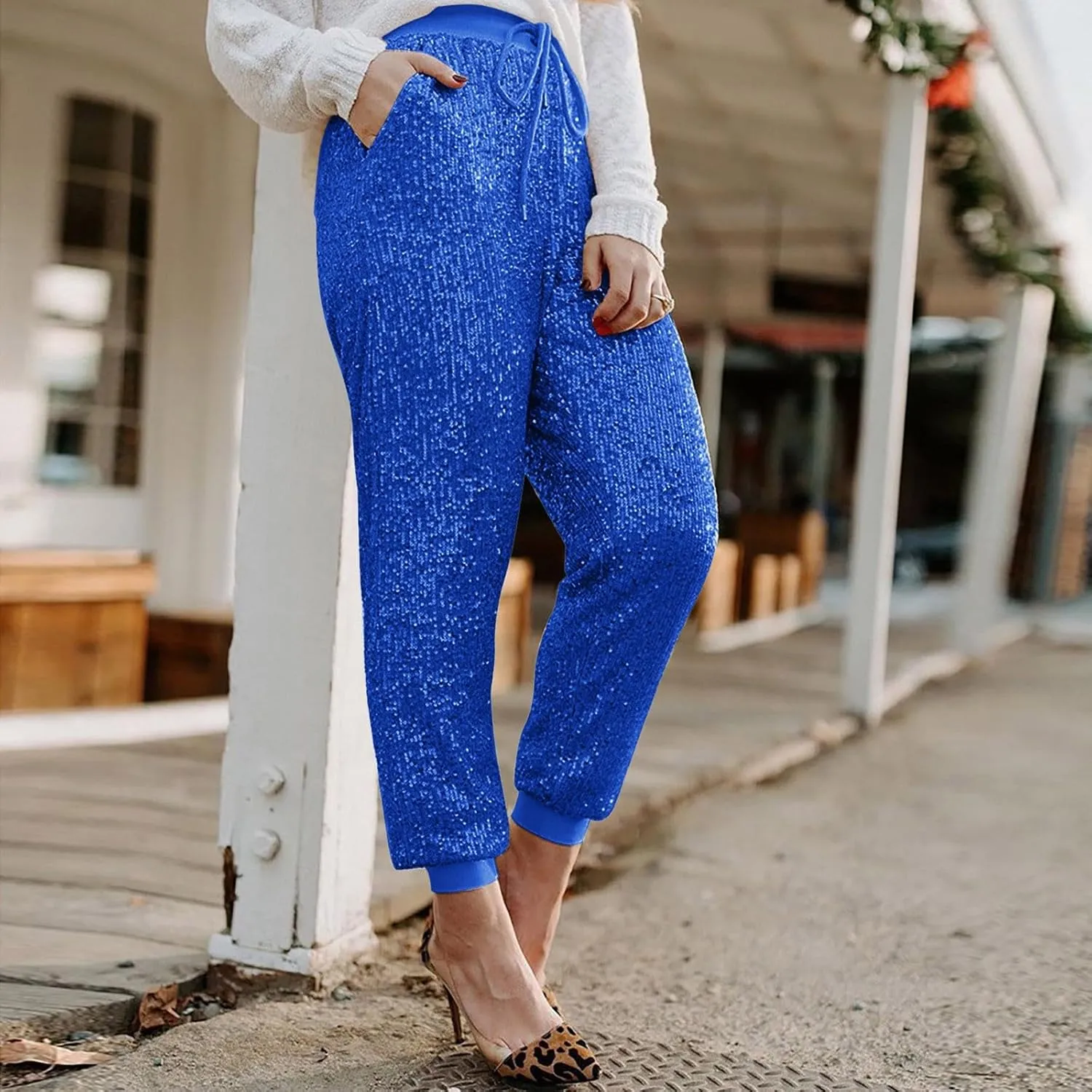 Womens Sequin Jogging Pants High Waist Drawstring Sweatpants Elastic Waist Loose Fit Shimmer Trousers with Pockets