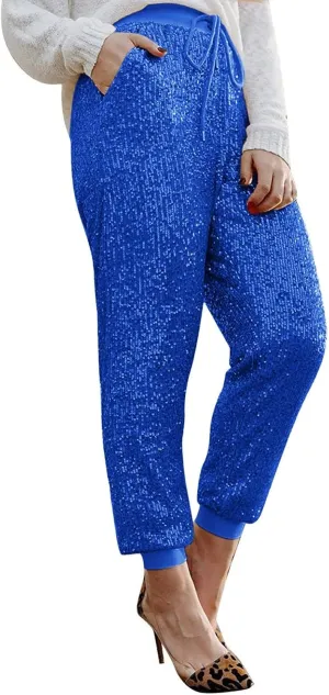 Womens Sequin Jogging Pants High Waist Drawstring Sweatpants Elastic Waist Loose Fit Shimmer Trousers with Pockets