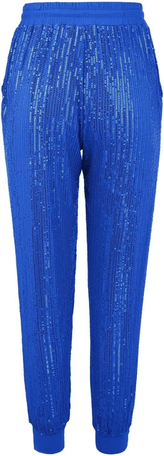Womens Sequin Jogging Pants High Waist Drawstring Sweatpants Elastic Waist Loose Fit Shimmer Trousers with Pockets