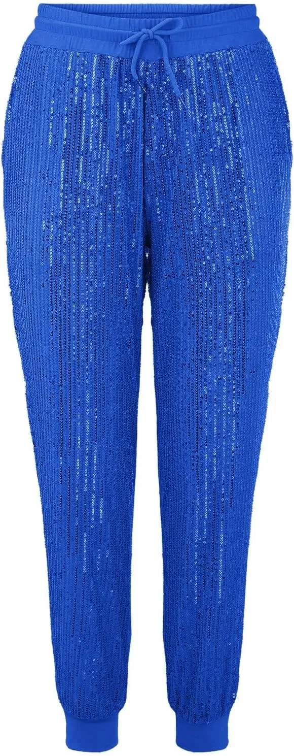 Womens Sequin Jogging Pants High Waist Drawstring Sweatpants Elastic Waist Loose Fit Shimmer Trousers with Pockets