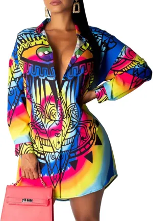 Women's Shirt Dresses Button Down Colorful Blouses Long Sleeve Floral Print Tops Loose Collar Sexy T-Shirts