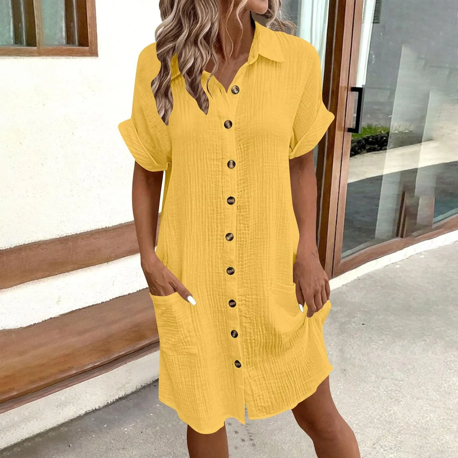 Womens Shirts Dresses Fashion Solid Color Cotton Short Sleeves Button up Lapel Midi Dress Summer Beach Sundress