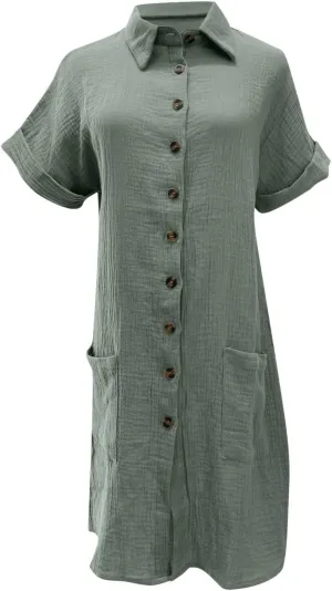 Womens Shirts Dresses Fashion Solid Color Cotton Short Sleeves Button up Lapel Midi Dress Summer Beach Sundress