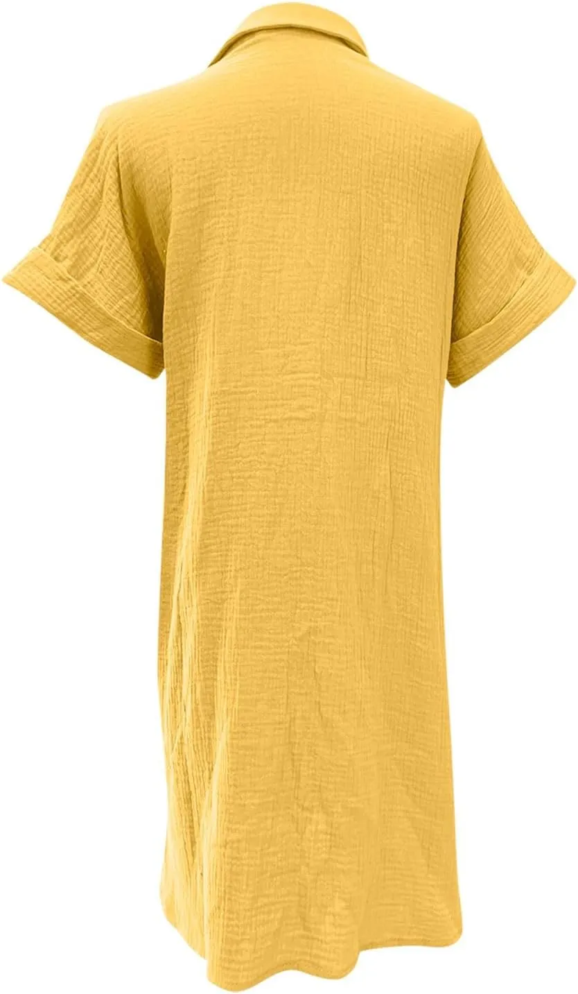 Womens Shirts Dresses Fashion Solid Color Cotton Short Sleeves Button up Lapel Midi Dress Summer Beach Sundress