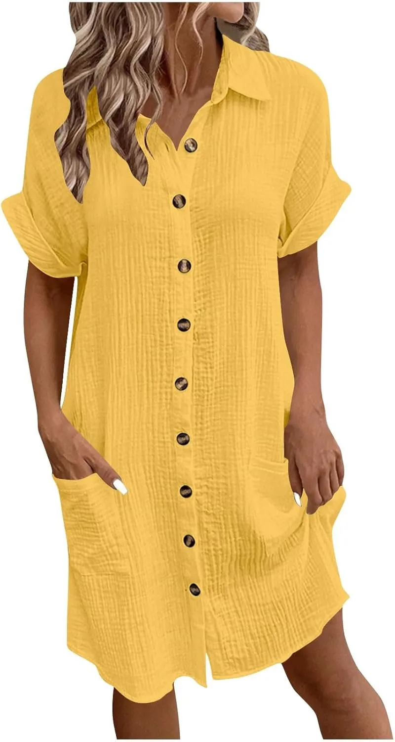 Womens Shirts Dresses Fashion Solid Color Cotton Short Sleeves Button up Lapel Midi Dress Summer Beach Sundress