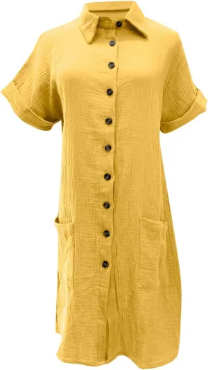 Womens Shirts Dresses Fashion Solid Color Cotton Short Sleeves Button up Lapel Midi Dress Summer Beach Sundress