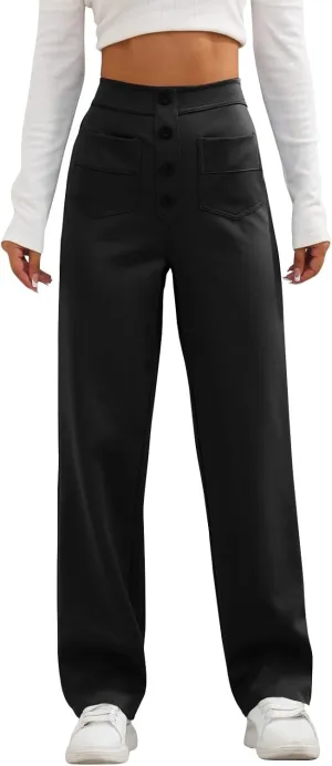Women's Straight Leg Dress Pants Fahion 2024 High Waisted Button Down Stretchy Business Work Trousers with Pockets