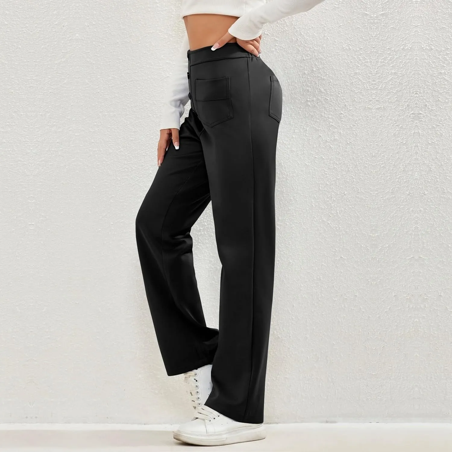 Women's Straight Leg Dress Pants Fahion 2024 High Waisted Button Down Stretchy Business Work Trousers with Pockets