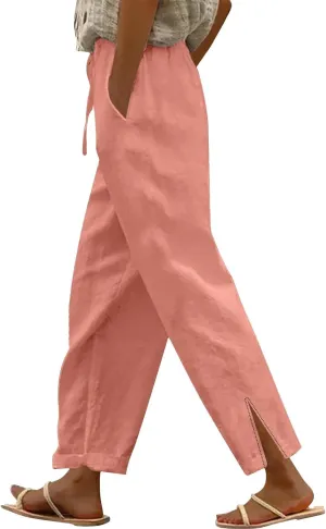 Womens Striped Linen Pants Lightweight Capri Summer Casual Beach Drawstring Elastic Waist Trousers with Pockets