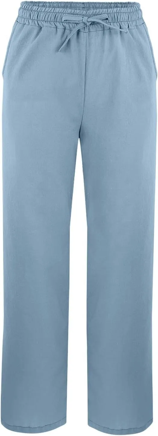 Womens Striped Linen Pants Lightweight Capri Summer Casual Beach Drawstring Elastic Waist Trousers with Pockets
