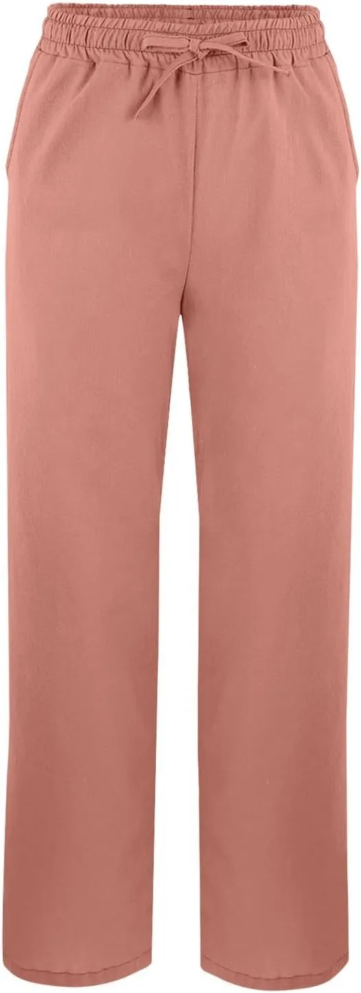 Womens Striped Linen Pants Lightweight Capri Summer Casual Beach Drawstring Elastic Waist Trousers with Pockets