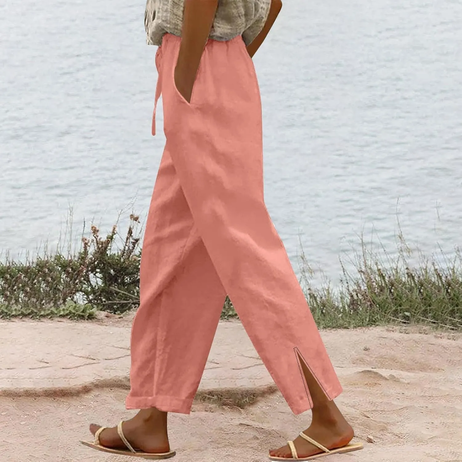 Womens Striped Linen Pants Lightweight Capri Summer Casual Beach Drawstring Elastic Waist Trousers with Pockets