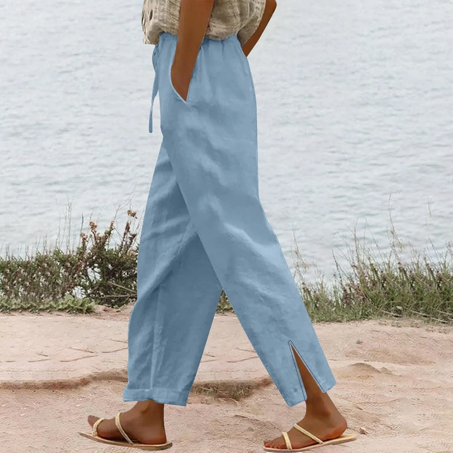 Womens Striped Linen Pants Lightweight Capri Summer Casual Beach Drawstring Elastic Waist Trousers with Pockets
