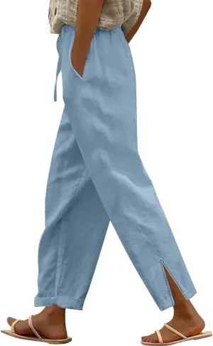 Womens Striped Linen Pants Lightweight Capri Summer Casual Beach Drawstring Elastic Waist Trousers with Pockets