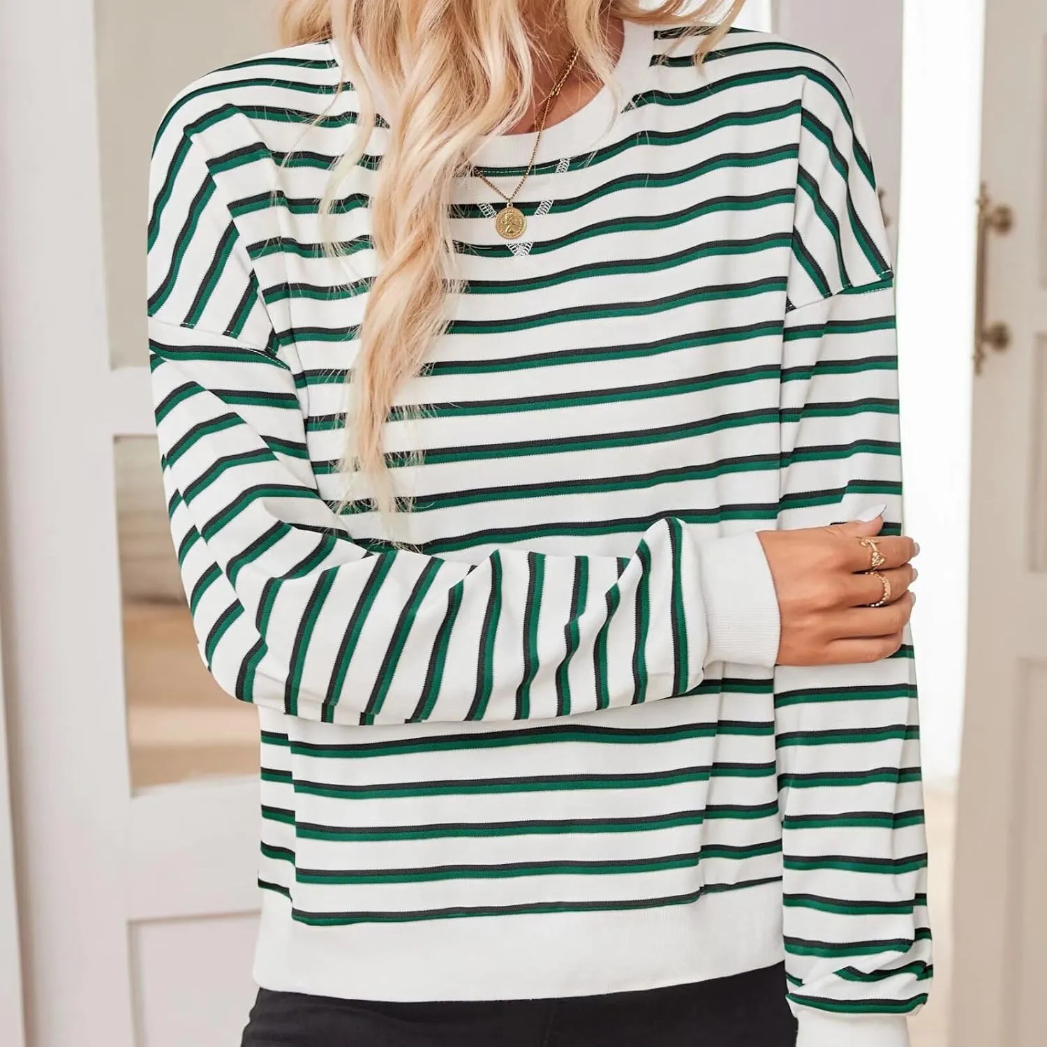 Women's Striped Sweatshirt Long Sleeve Crew Neck Pullover Oversized Y2K Shirt Tops 2024 Fall Fashion Clothes
