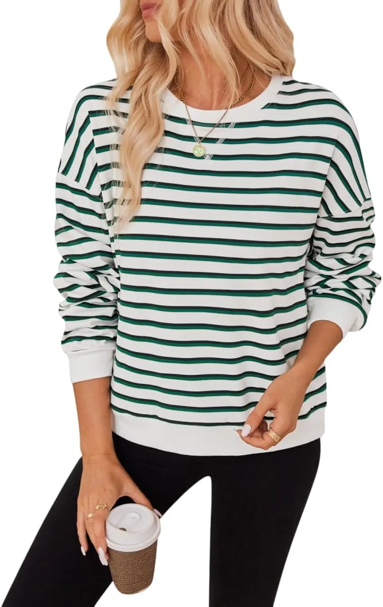 Women's Striped Sweatshirt Long Sleeve Crew Neck Pullover Oversized Y2K Shirt Tops 2024 Fall Fashion Clothes