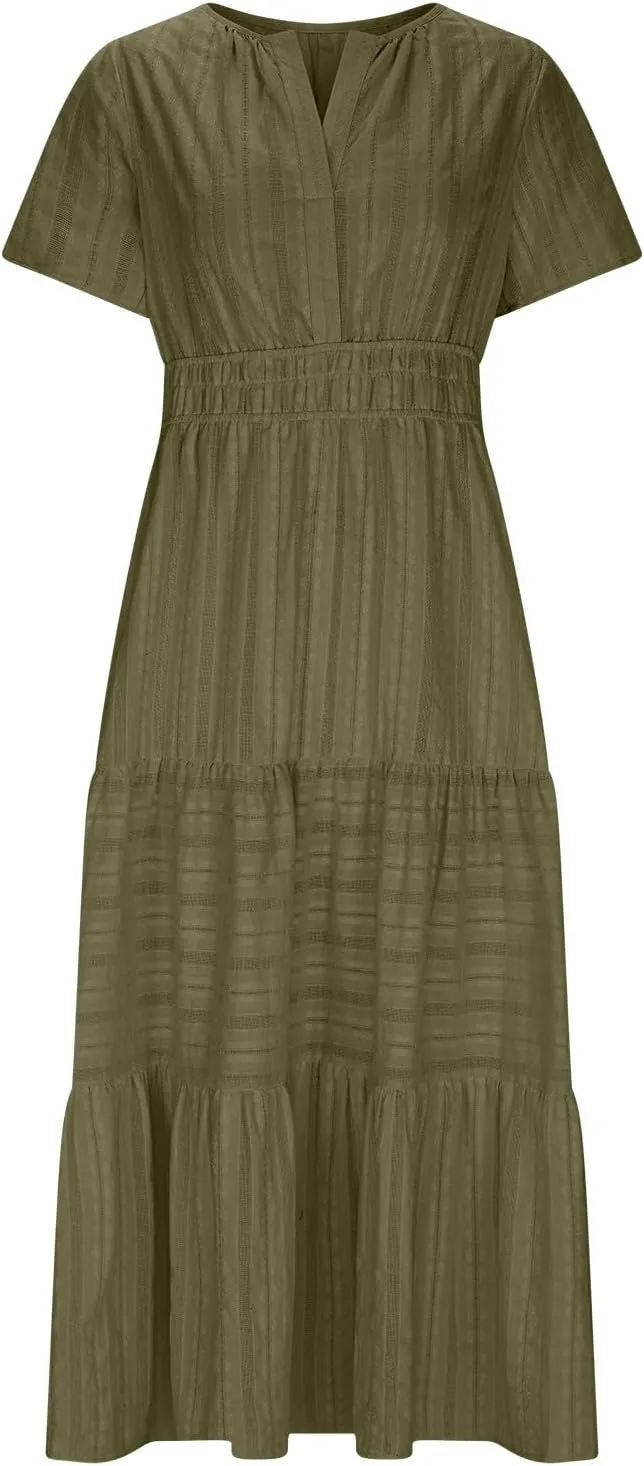 Womens Summer 2025 Casual Midi Dresses Lightweight Short Sleeve V Neck Elastic Waist Boho Beach Dress with Pockets