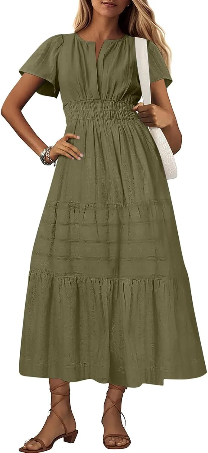 Womens Summer 2025 Casual Midi Dresses Lightweight Short Sleeve V Neck Elastic Waist Boho Beach Dress with Pockets