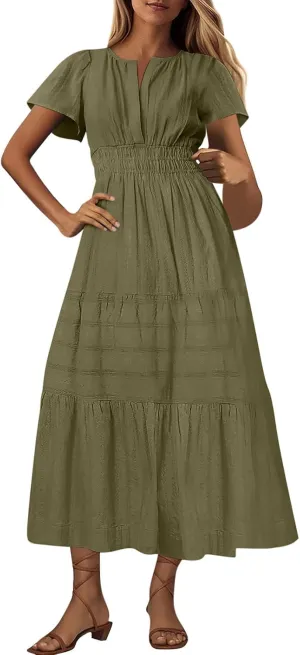 Womens Summer 2025 Casual Midi Dresses Lightweight Short Sleeve V Neck Elastic Waist Boho Beach Dress with Pockets