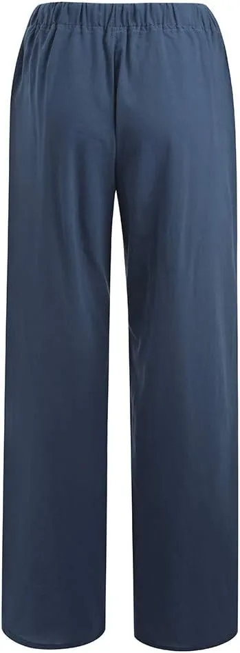 Womens Summer Cotton Linen Pants High Waist Casual Wide Leg Long Palazzo Pants Loose Boho Beach Trousers
