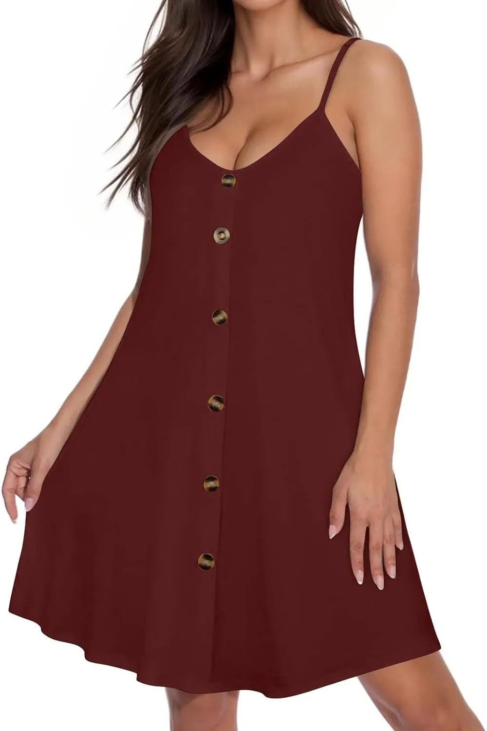 Womens Summer Dresses Spaghetti Strap V Neck Casual Sleeveless Solid Sundress Beach Button Shirts Boho Mini Dress