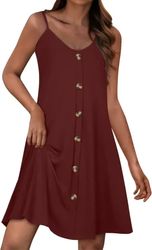 Womens Summer Dresses Spaghetti Strap V Neck Casual Sleeveless Solid Sundress Beach Button Shirts Boho Mini Dress
