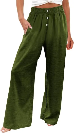 Womens Summer Linen Pants Wide Leg Elastic Waist Button Fly Long Lounge Pants Beach Loose Comfy Palazzo Trousers with Pockets