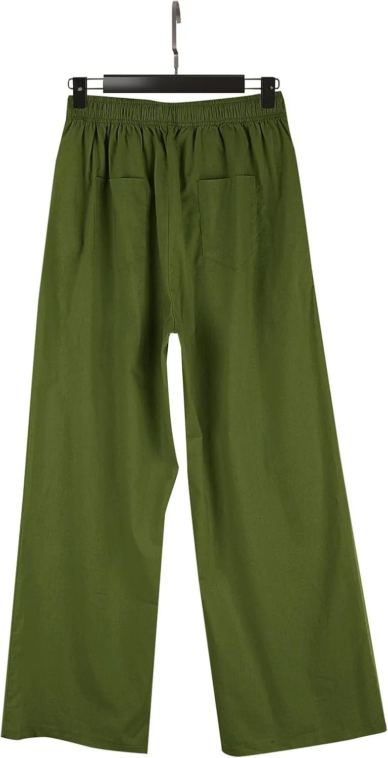 Womens Summer Linen Pants Wide Leg Elastic Waist Button Fly Long Lounge Pants Beach Loose Comfy Palazzo Trousers with Pockets