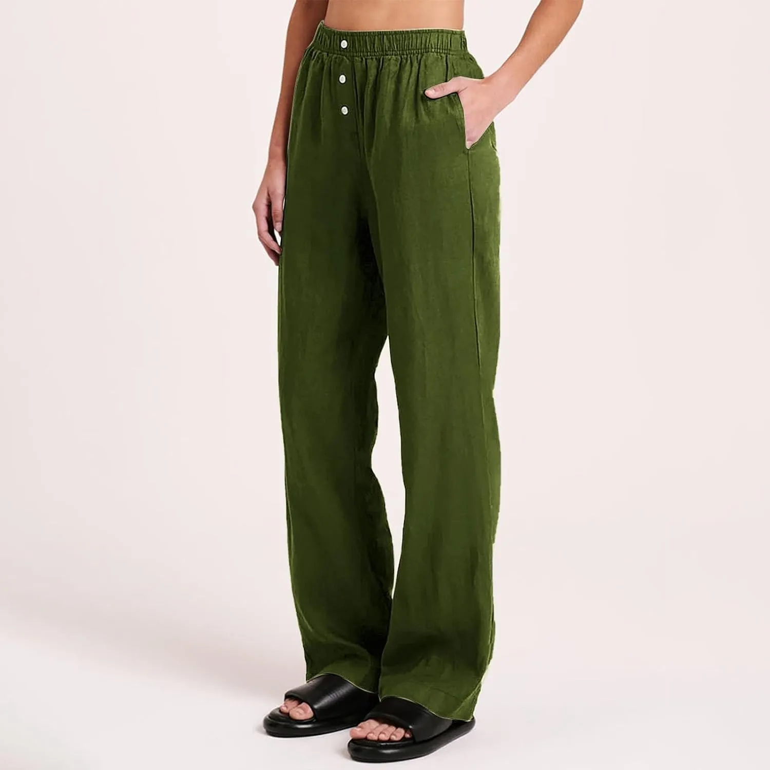Womens Summer Linen Pants Wide Leg Elastic Waist Button Fly Long Lounge Pants Beach Loose Comfy Palazzo Trousers with Pockets